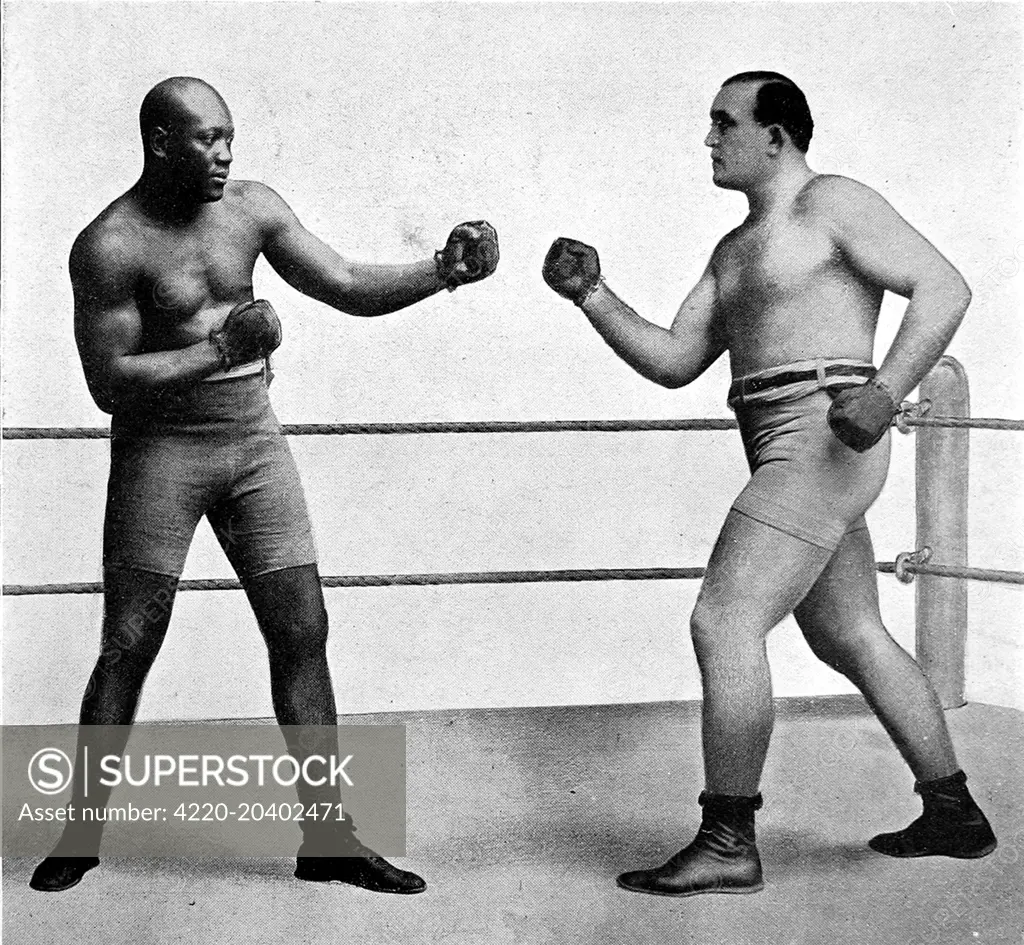 Photographic montage showing Jack Johnson (1878-1946)(left) and James J. Jeffries (1875-1953), the heavyweight boxers who fought for the World Championship in 1910.  Johnson knocked out Jeffries in the 15th round of their meeting at Reno, Nevada, on 4th July that year.     Date: 1910