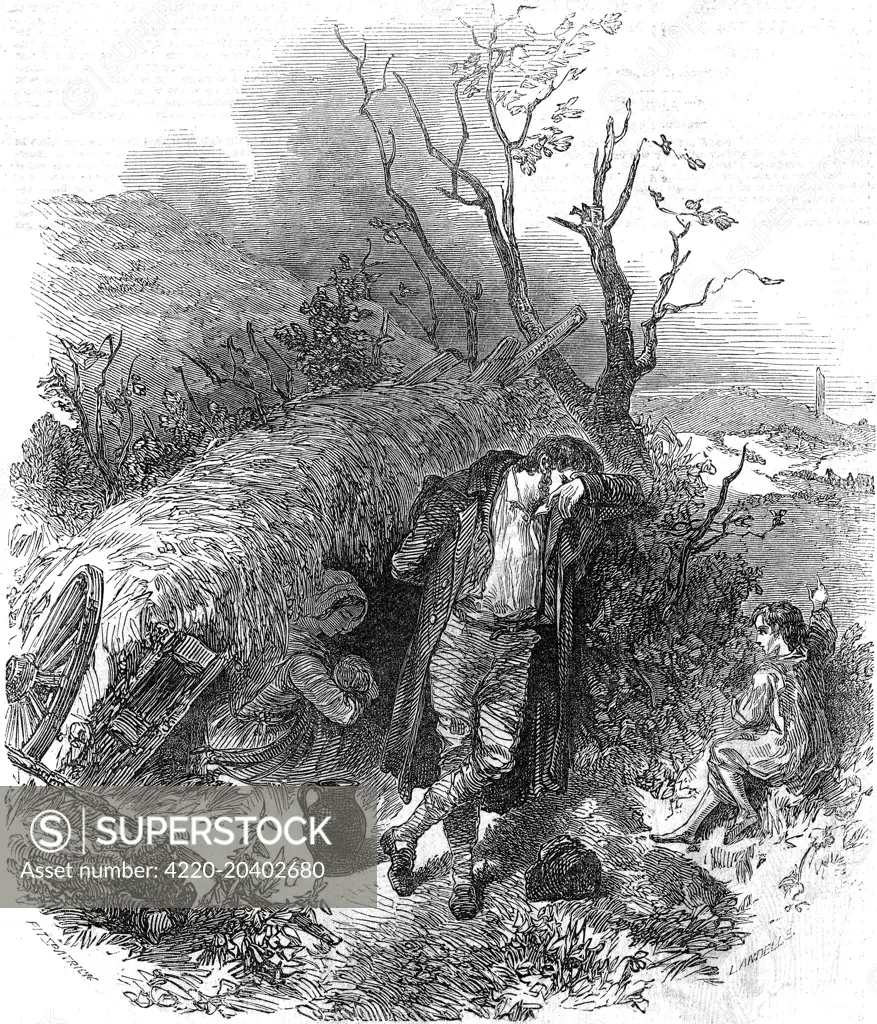 Scene showing an Irish peasant farming family the day after being evicted from their home during the time of the Irish Potato Famine.  With few belongings, they seek shelter in some form of makeshift hovel. As landlords sought to rid their estates of pauperized farmers and labourers, as many as 500,000 people were evicted in the years from 1846 to 1854.     Date: 1848