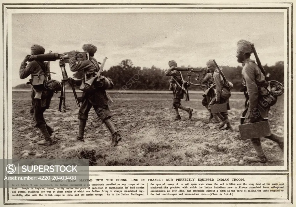 Indian troops taking their maxim machine guns to the firing line in world war one.  1914