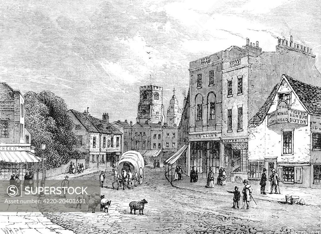 Engraving showing Hackney, looking towards the church, c.1840.     Date: 1840