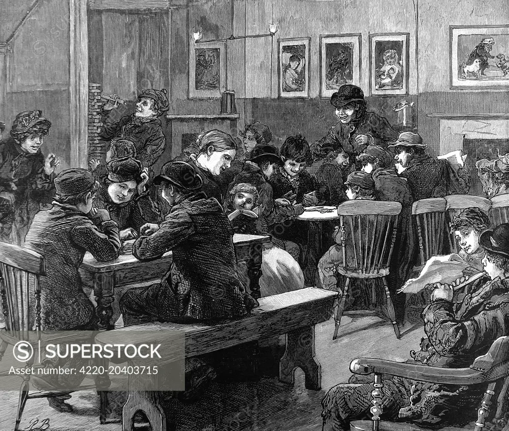 Engraving showing poor children playing in the 'general room' of what was a forerunner of a 'youth club', Islington, London, 1887.     Date: 22 October 1887