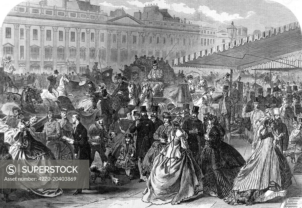 Engraving showing pedestrians and carriages in Regent Street, during the London 'Season', 1866.     Date: 21 April 1866