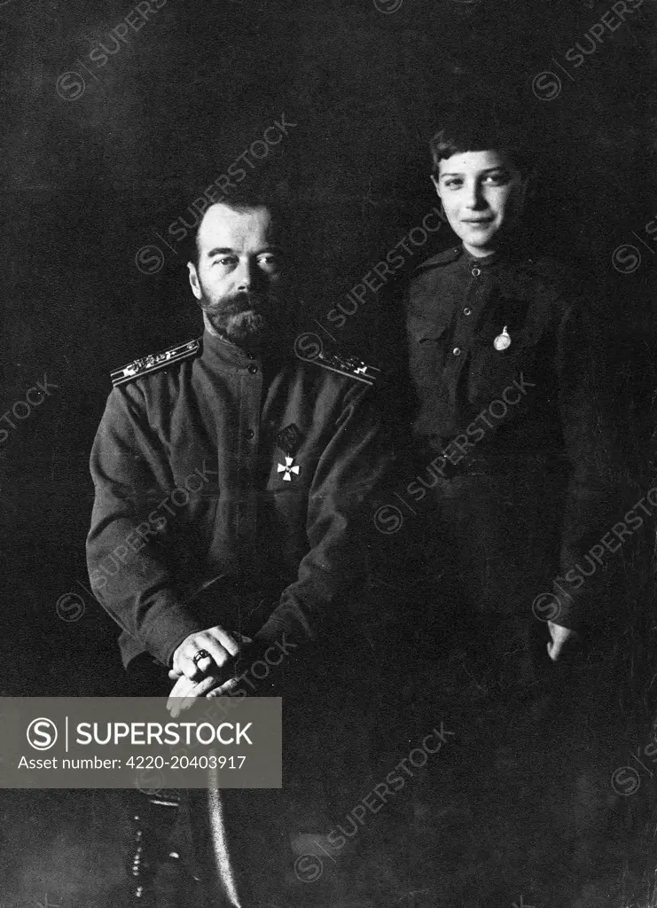 Tsar Nicholas II (1868 - 1918) and his son Tserarevich Alexei (1904 - 1918) of Russia.  circa 1914