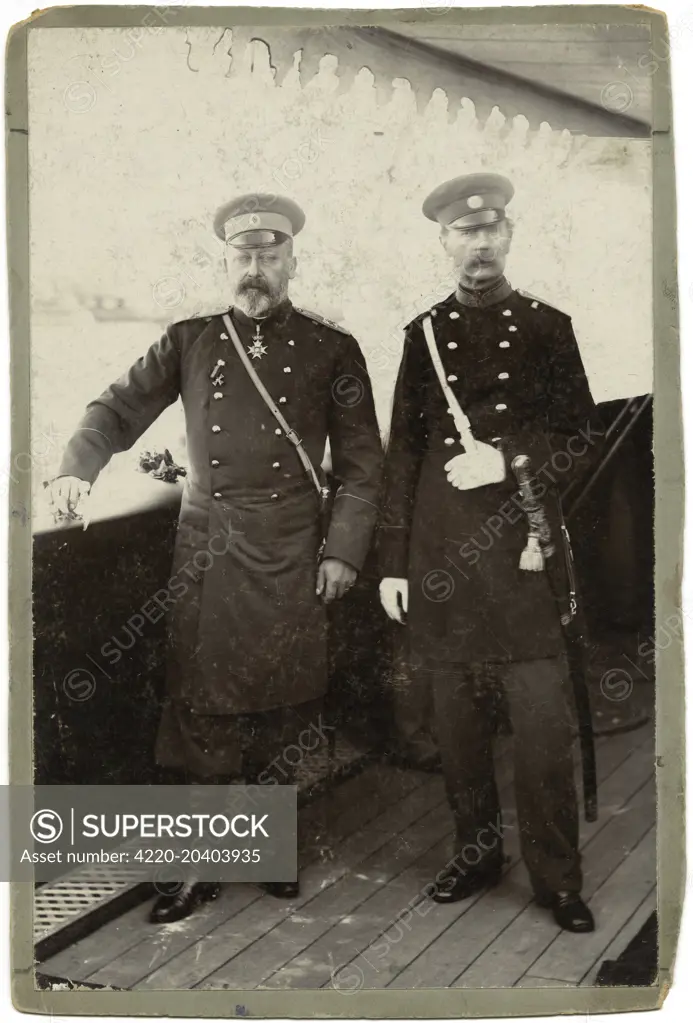 Edward VII (1841-1910) King of Great Britain (on left), pictured in his uniform as Colonel-in-Chief of the 27th Regiment of Russian Dragoons.     Date: circa 1900