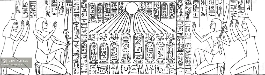 Illustration showing the carvings found on the lintel of the Tomb of Ay at El Amarua, near Cairo in Egypt, 1909.     Date: 20/03/1909