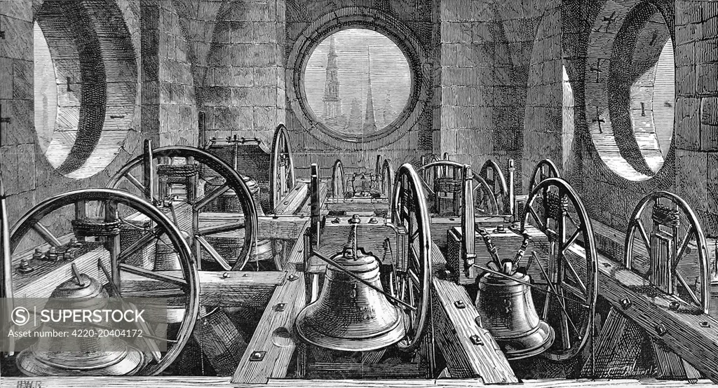 Engraving showing a view of the peal of bells in St.Paul's Cathedral, London, 1878.     Date: 12 October 1878