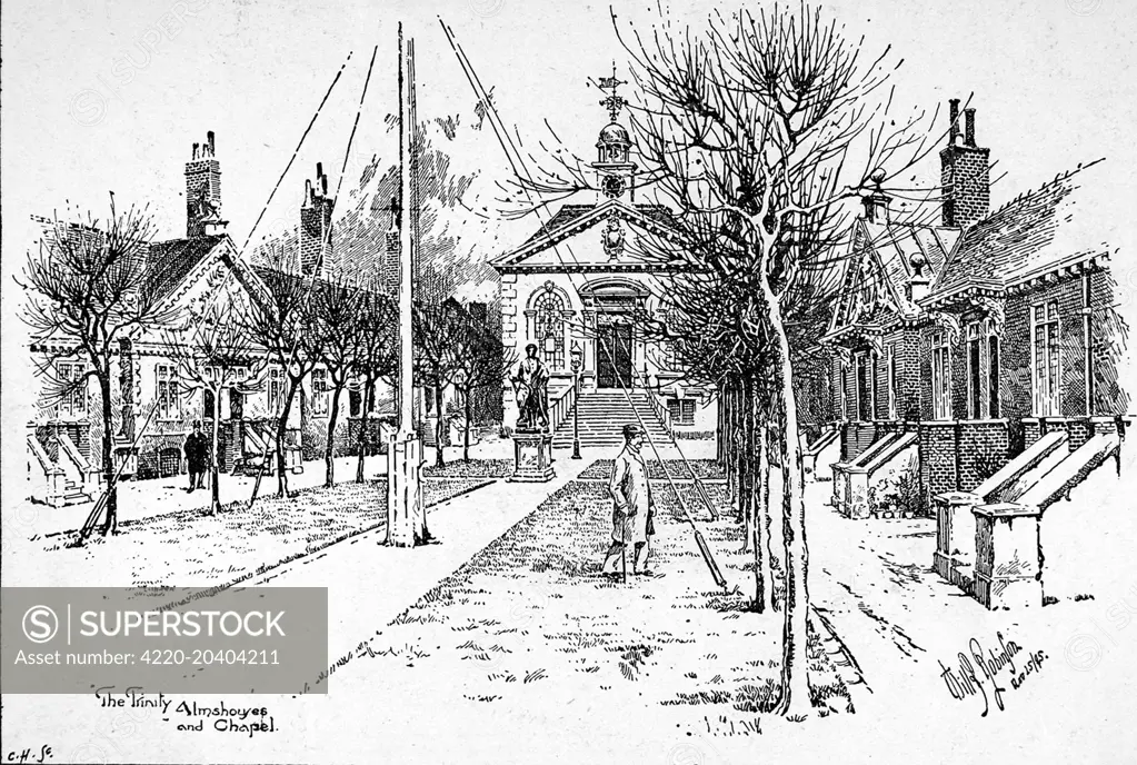 Illustration showing the exterior of the Trinity Almshouses and Chapel in Mile End, London, 1895.     Date: 30 November 1895