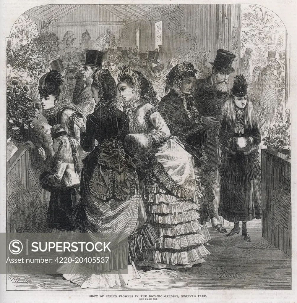 Visitors to the show of spring flowers held in the Botanic Gardens, Regent's Park, London in 1870.     Date: 1870