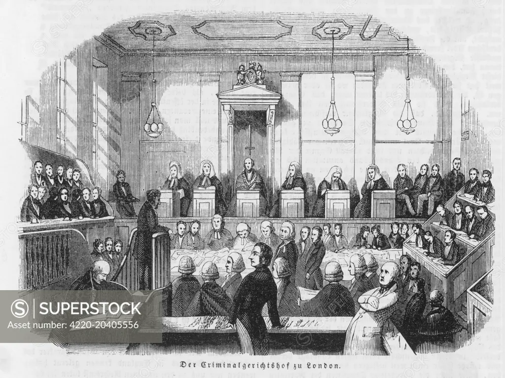 Engraving showing the interior of the Central Criminal Court, with a trial in session, at the Old Bailey, London, 1843  1843