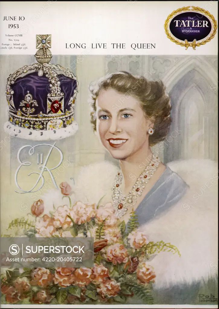 Front cover design for The Tatler magazine to celebrate the coronation of Queen Elizabeth II in June 1953.  It features a painting of the Queen wearing fur and carrying a bouquet of roses.     Date: 1953