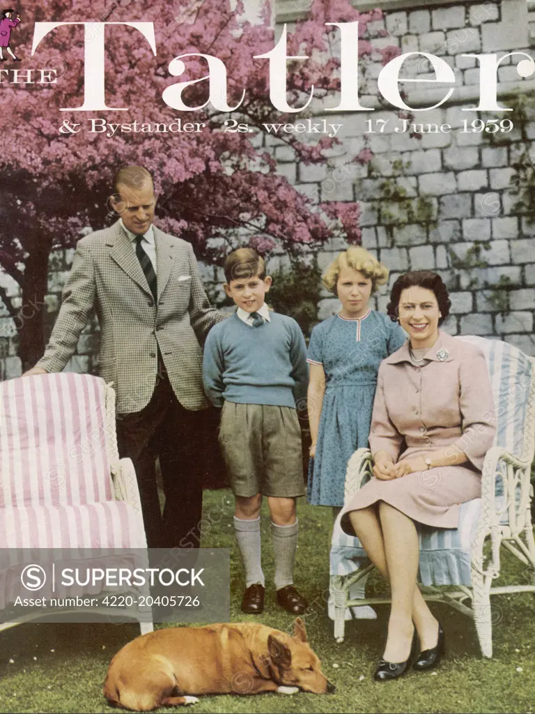 The Tatler front cover featuring a photograph  taken in June 1959, of the Queen Elizabeth II with her housband, Prince Philip Duke of Edinburgh and their children,Charles Philip Arthur George (later Prince of Wales) and  Anne Elizabeth Alice (later Princess Royal)  June 1959