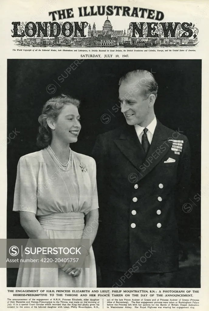 A front cover of The Illustrated London News of Princess Elizabeth and Lieutenant  Philip Mountbatten taken on the day of the announcement of their engagement in July 1947.     Date: 9 July 1947