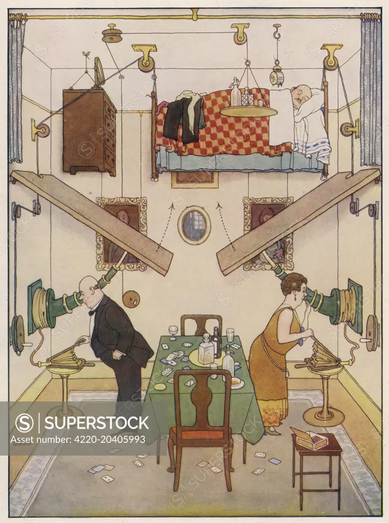 This is W. Heath Robinson's solution of the spare room problem, a brilliant idea which renders it possible to entertain in the smallest flat without the slightest difficulty.    The fifth in the series of the Ideal Home designs by W. Heath Robinson. The illustrations from The Sketch depict ingenious space creating ideas for the spatially challenged home.    1933