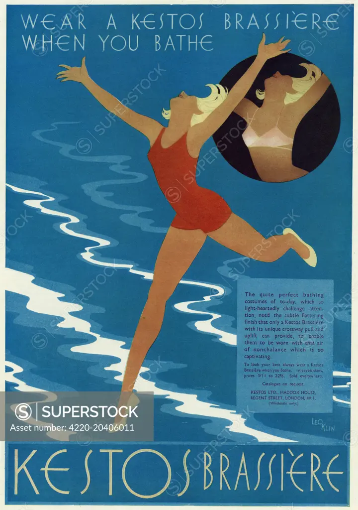 Advertisement for Kestos lingerie, showing a carefee woman in a swimming costume.     Date: 1932