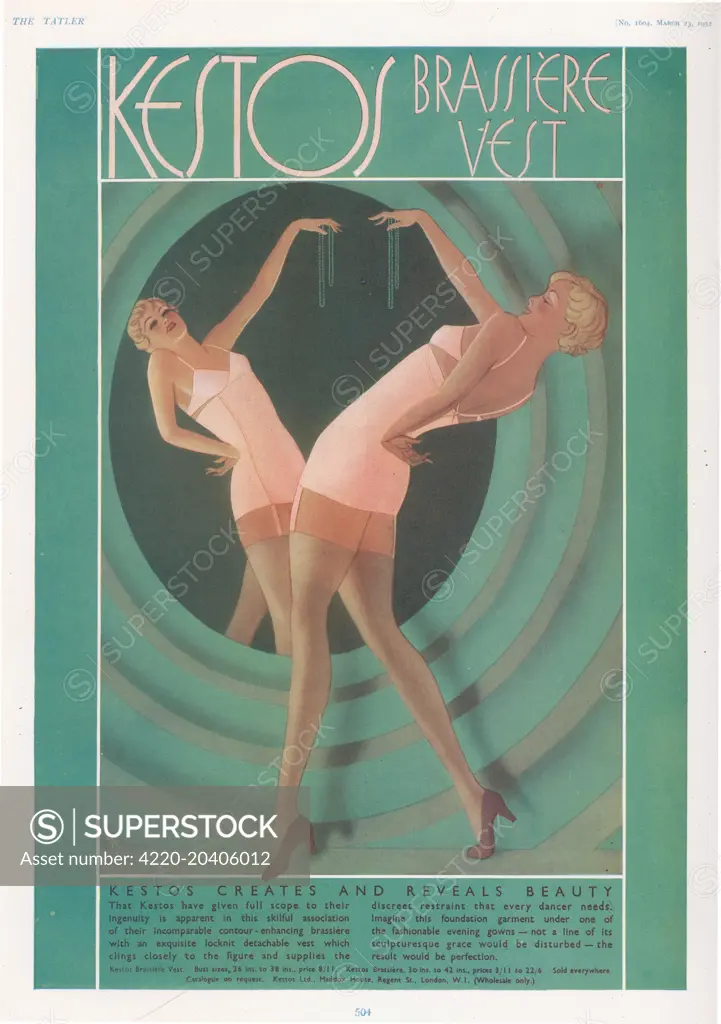 Kestos lingerie advert designed by Leo Klin showing an elegant woman admiring her reflection in a mirror.  1932