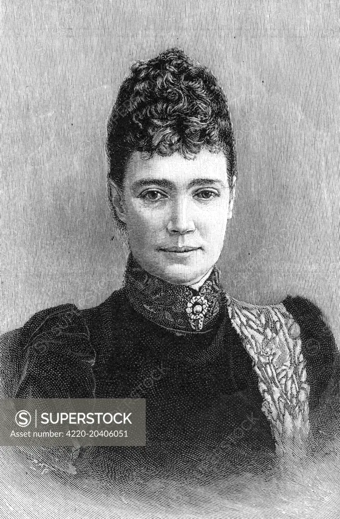 Engraving from a photograph of Empress Maria Feodorovna, later Dowager Tsaritsa, formerly Princess Dagmar of Denmark (1847-1928), wife of Tsar Alexander III, sister of Queen Alexandra and mother of Tsar Nicholas II.  The dress Maria Feodorovna is wearing in this photo survives to this day.  Made by the couturier Worth of Paris in maroon velvet with a carnation pattern embroidered in shades of gold, it was included in an exhibition of nineteenth-century costume in the State Hermitage in 1993.    
