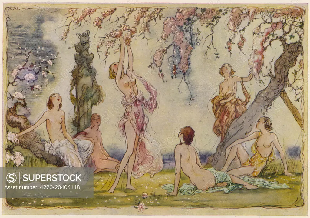 A colour illustration of a group of scantily clad ladies picking blossom flowers.     Date: 1933