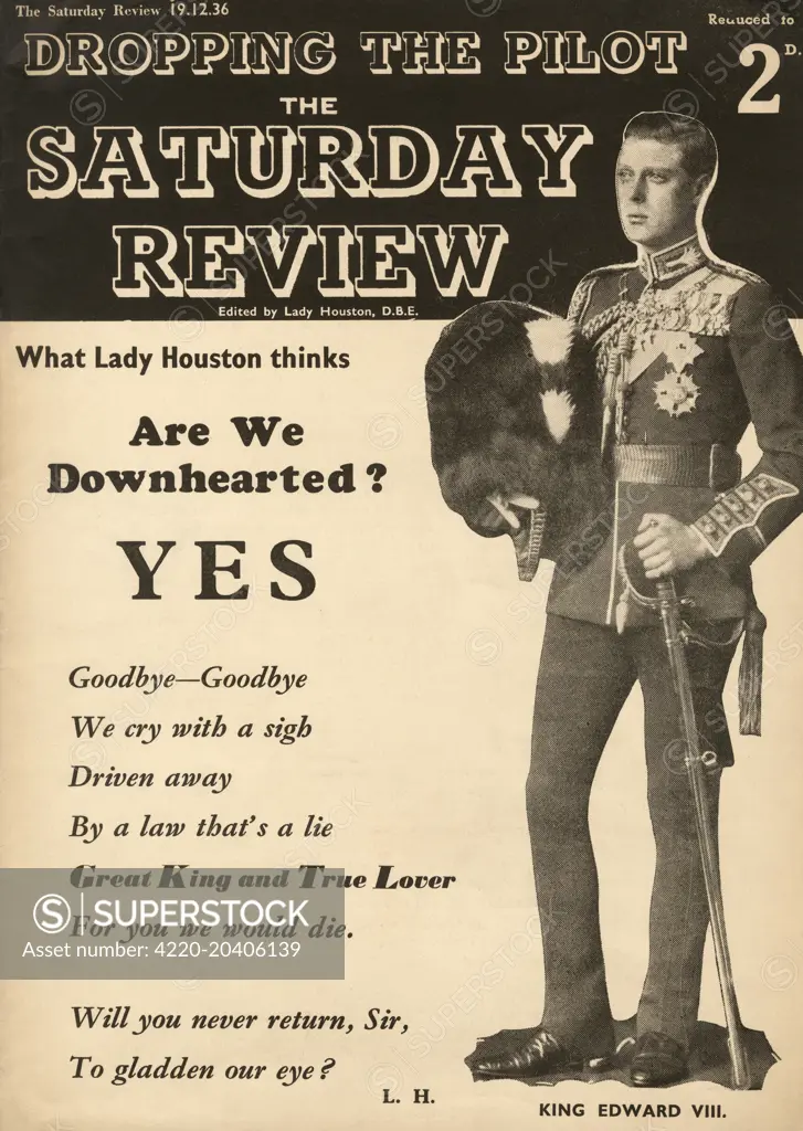 Front cover of the Saturday Review from December 1936, referring to the abdication of King Edward VIII.  Edward chose to give up the throne to marry the twice-divorced Wallis Simpson, thereafter becoming the Duke of Windsor.     Date: 01/12/1936