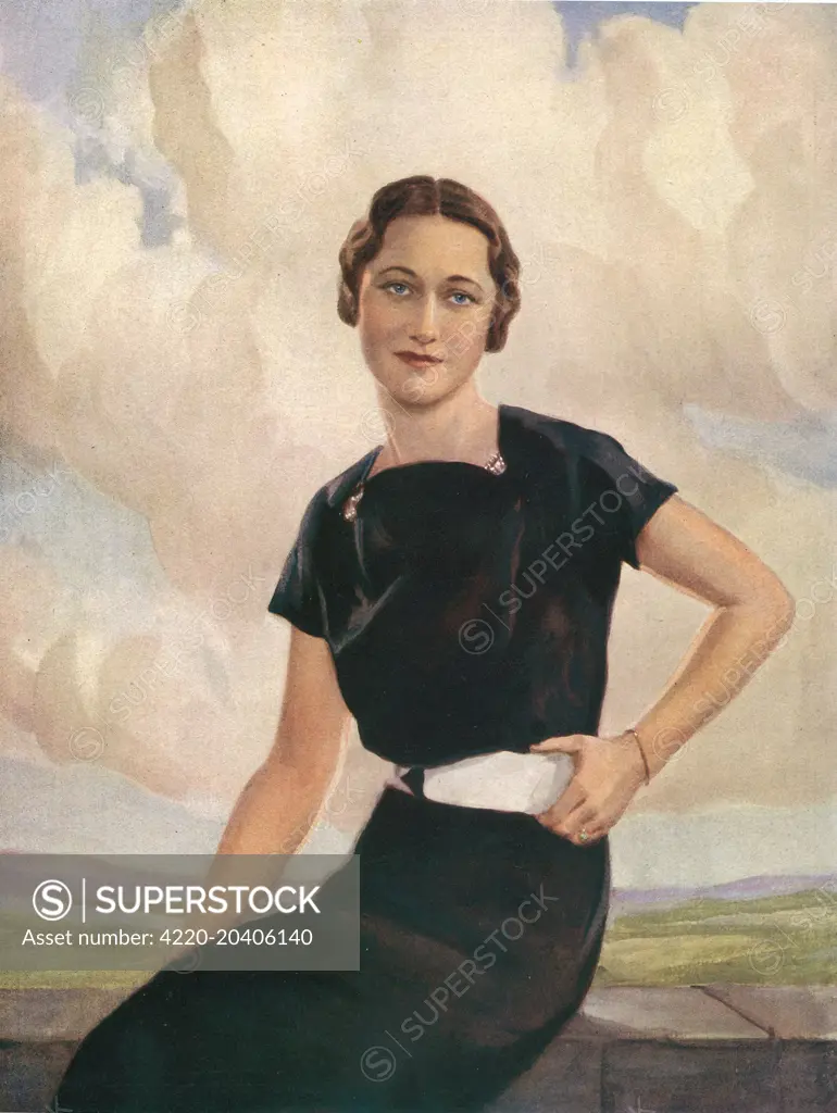 Mrs Wallis Warfield (1896 - 1986) formerly Mrs Ernest Simpson. Featured in The Sketch, prior to her marriage to the Duke of Windsor on the 3rd June 1937.  The Duke abdicated from the throne as King Edward VIII in order to marry Wallis, an American divorcee.  1937