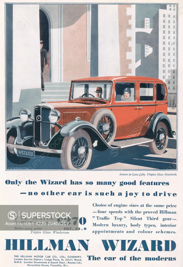Illustration showing a Hillman Wizard car parked in a city.     Date: 11th November 1931