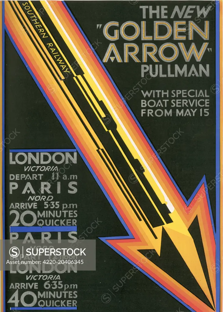 Colour advert for the 'new' 'Golden Arrow' Pullman train from London to Paris with special boat service.     Date: 24th April 1929