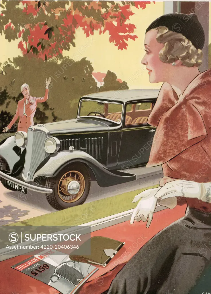 Colour advert for the Hillman Minx Saloon showing a woman getting ready to join her friend who has driven round to meet her.  On the window sill where she is sitting is a brochure for the car.     Date: 1933
