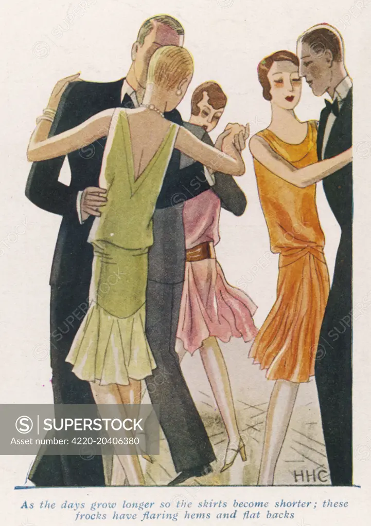 Fashion illustration by Hookway Cowles showing a group of young people dancing.  The caption reads,'As the days grow longer so the skirts become shorter; these frocks have flaring hems and flat backs.'     Date: 1927