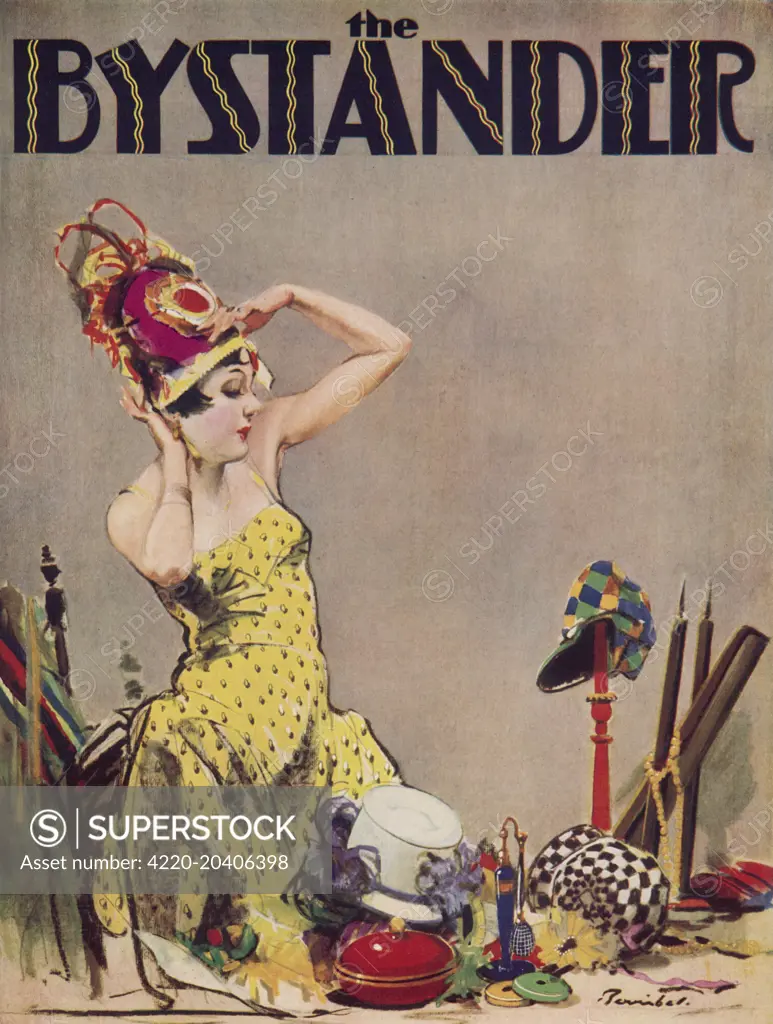 Woman in a yellow, polka dot dress trying on a variety of jaunty, colourful hats.     Date: 01/03/1930