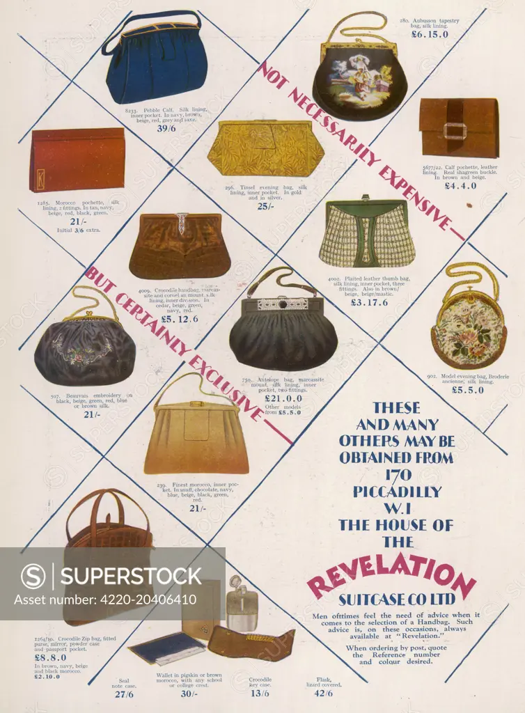 An advertisement showing a selection of handbags from 'Revelation' Suitcase Company.  1928