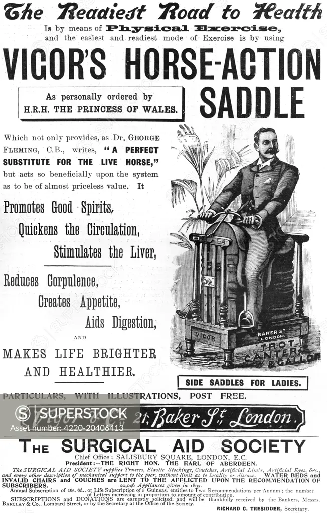An advertisement for a horse saddle exercise machine.     Date: 25th January 1896