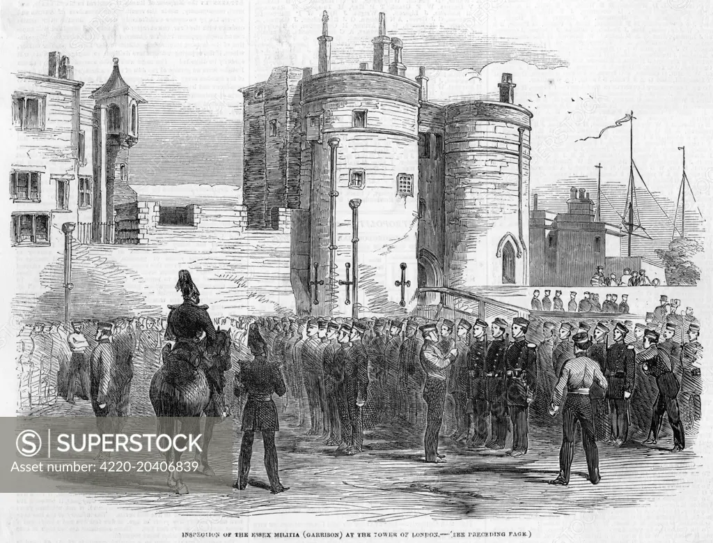 Inspection of militia at the  Tower, at the time of the  outbreak of the war in the  Crimea.       Date: 1854