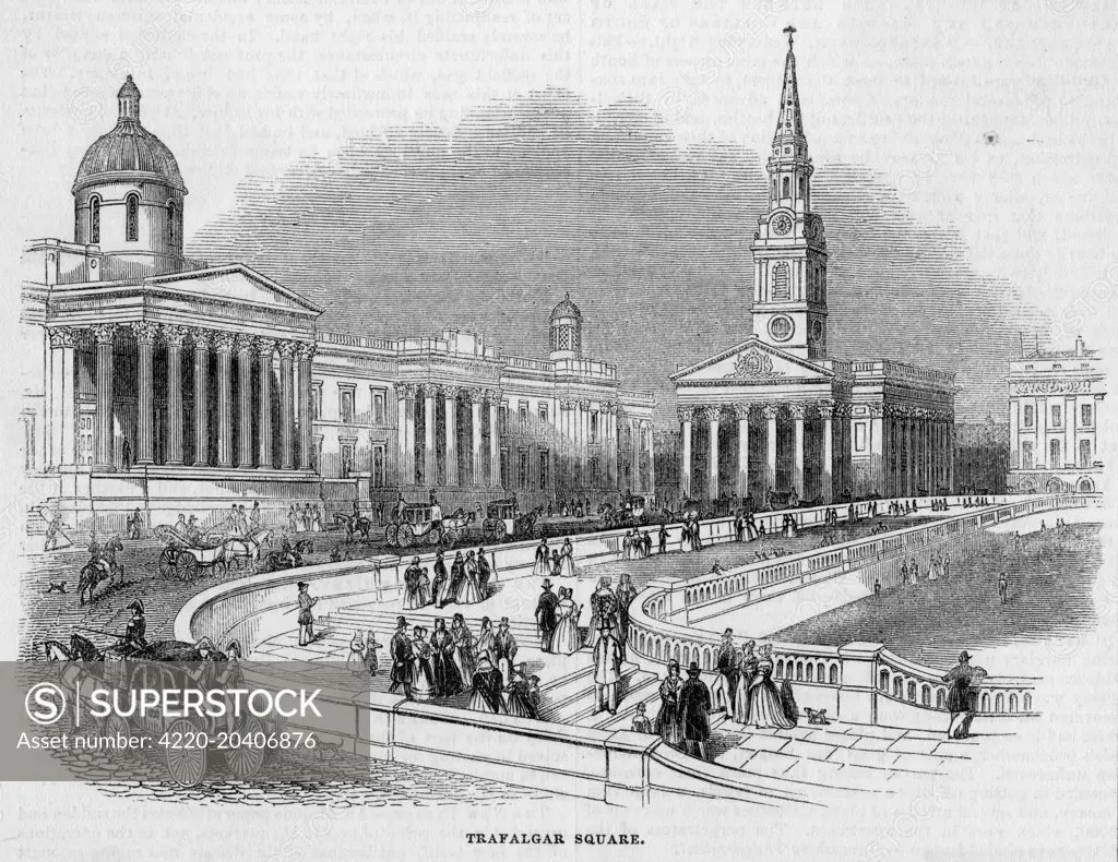Trafalgar Square, the National  Gallery and the church of St  Martin in the Fields.        Date: 1842