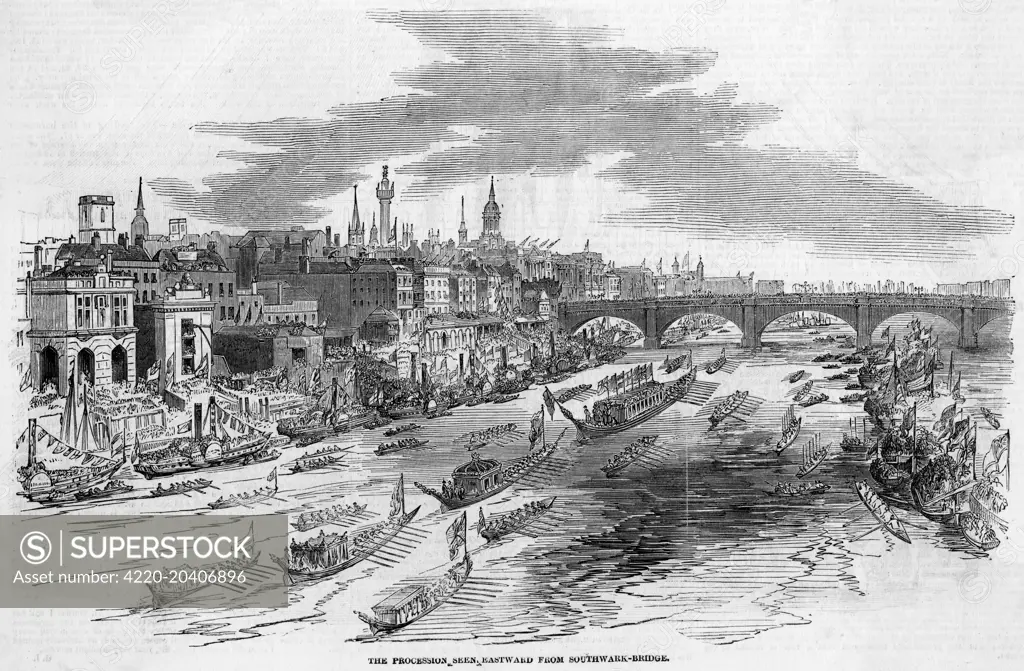 Procession of boats on the  Thames at the opening of the  new Coal Exchange, viewed from  Southwark Bridge.       Date: 1849