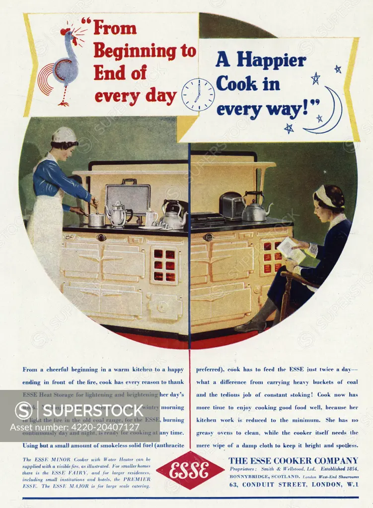 'From beginning to end of every day, a happier cook in every way!'    From a cheerful beginning in a warm kitchen to a happy ending in front of the fire, every reason to thank Esse heat storage for lightening and brightening her day's work.  1938