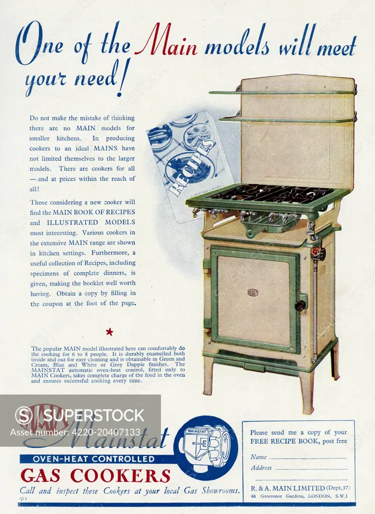 One of the Main models will meet your needs!  Advertisement for Main cookers for smaller kitchens.   1939