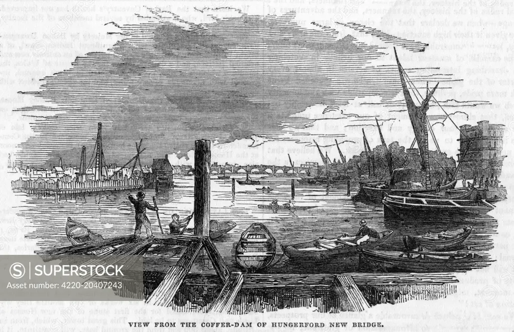 View of the Thames during the  construction of old Hungerford  Bridge        Date: 1842