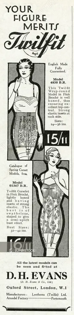 Your figure merits Twilfit corsets. All the lastest models can be seen and  fitted at D. H. Evans 1931 - SuperStock