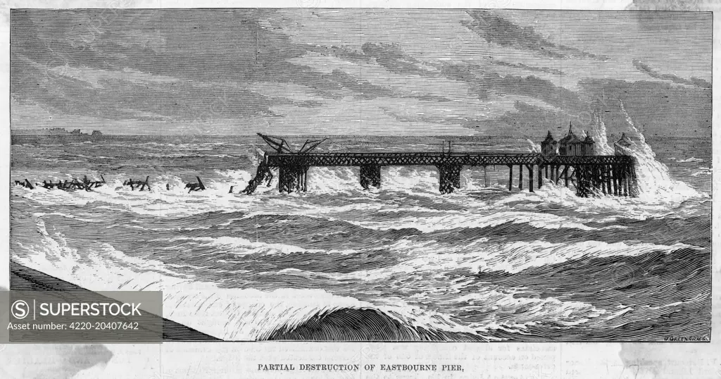The pier at Eastbourne,  Sussex, is partially destroyed  by rough seas.  It was only  opened a few years earlier, in  1870.      Date: 1877