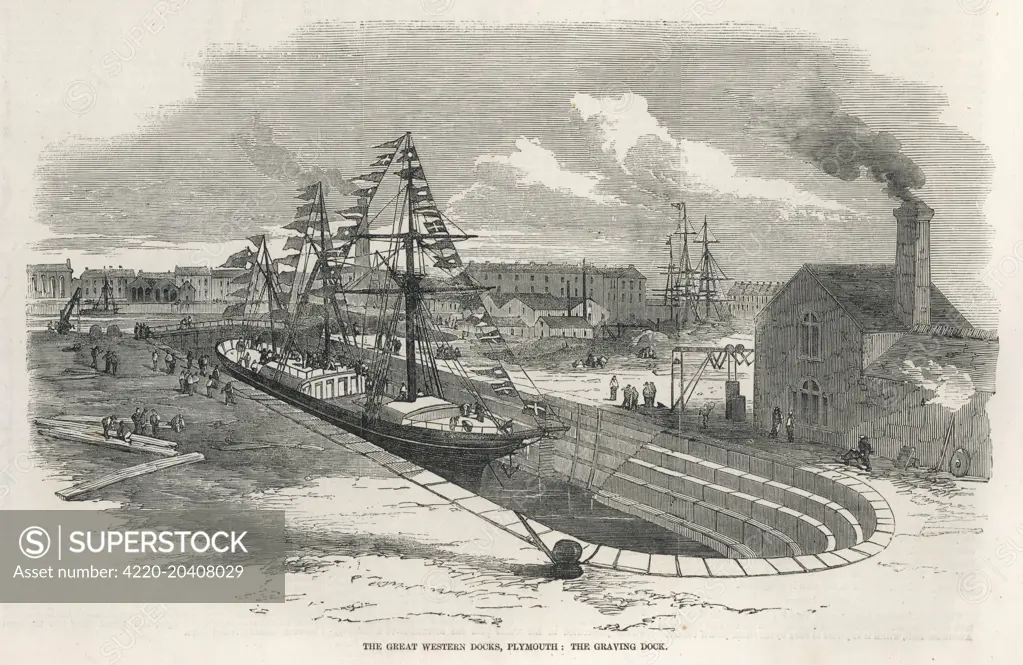 The Great Western Docks at Plymouth, showing the Graving Dock  1857