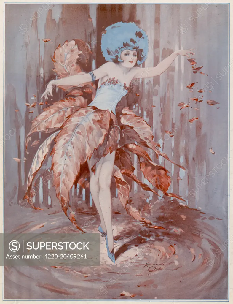 A dancer in a fantastic costume suggestive of autumn and falling leaves.     Date: 1927