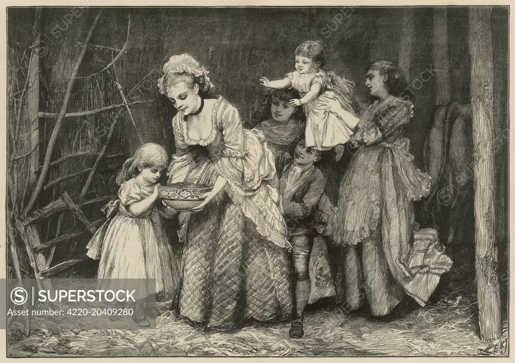 A maid leans down by a small girl, holding a bowl full of syllabub. The gaze of three other children in the background is also transfixed by this tempting dessert.     Date: 10th January 1874