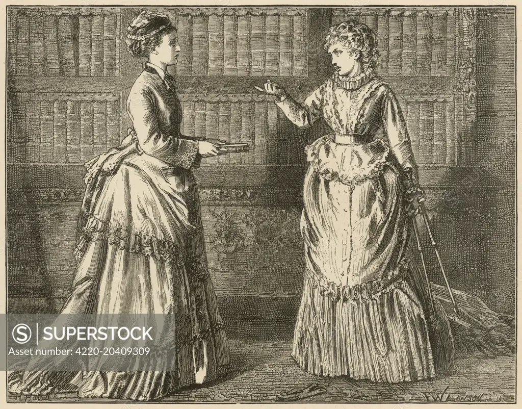 An illustration accompanying an extract from Wilkie Collins' book, 'The Law and the Lady'. The caption reads: 'She approached me, with the tongs in one hand, and with a plainly-bound volume in the other. &quot;Is that the book&quot; she said. &quot;Open it and see&quot; I took the book from her.  1874