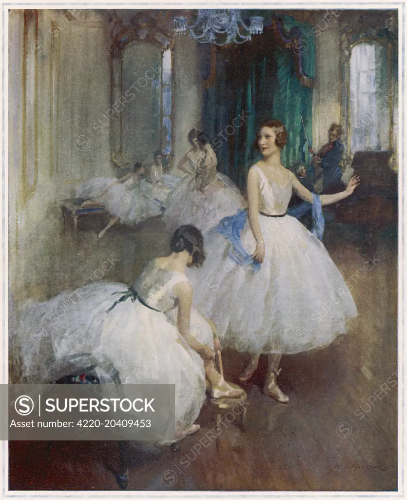 A scene in an elegant ballet studio with dancers tying their shoes and musicians warming up ready to play in the background.  1926