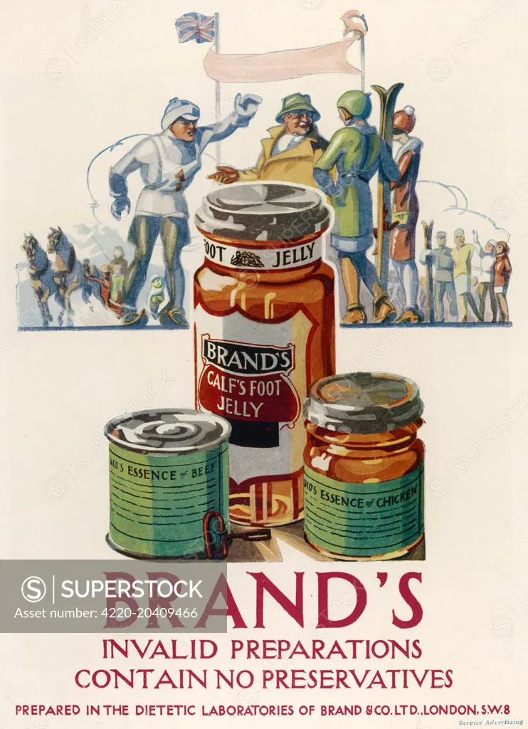 Advertisement for Brand's invalid preparations which comprise of its calf's foot jelly, essence of beef and essence of chicken and, apparently, not containing any preservatives.  Just the thing to give a boost to those feeling a little under the weather during winter.     Date: 1926