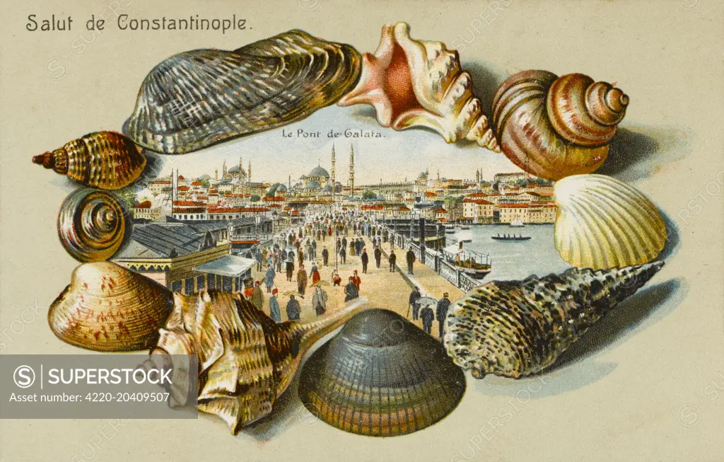 The Galata Bridge - Istanbul, across the Golden Horn, surrounded by a border of seashells  1910s