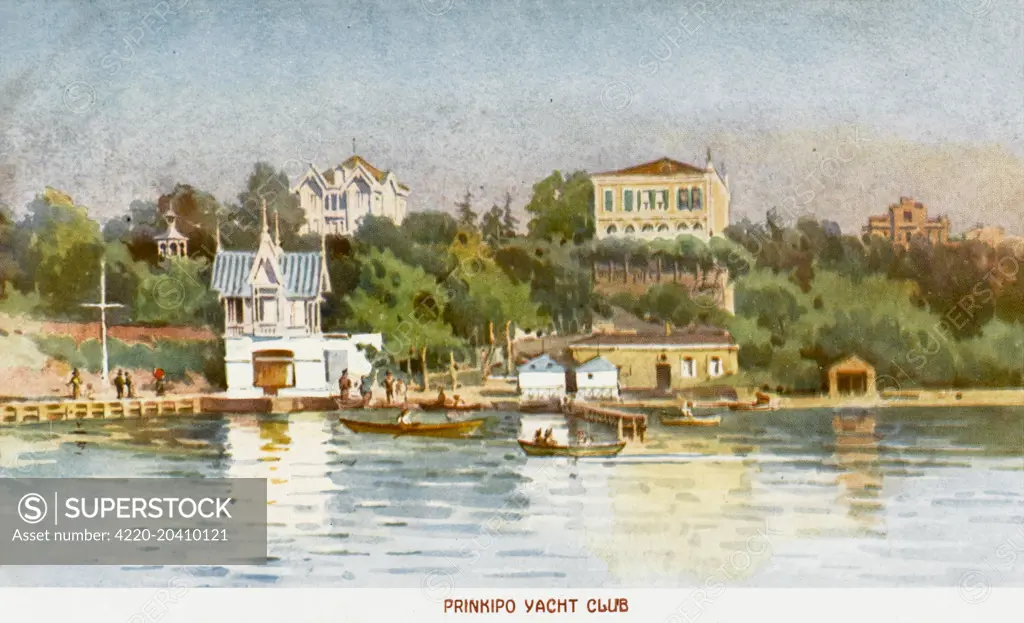 Constantinople - Princes Islands - Buyukada - the largest of the nine islands (a place of exile for the Byzantine Empresses) set within a border of seashells. Today, the rich inhabitants of Istanbul have their summerhouses here.     Date: circa 1920