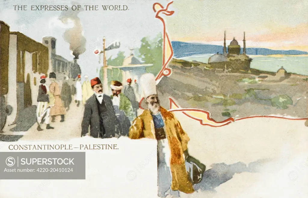The arrival of an Express train at Constantinople. The route depicted to Constantinople started at Palestine.  circa 1920