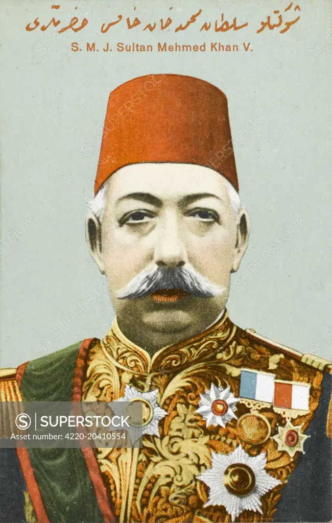 Standard portrait of Sultan Mehmed V Reshad of Turkey (1844 - 1918). Sultan of the Ottoman Empire from 1909 until his death in 1918, Mehmed - original name Mehmed Resad - spent much of his life in seclusion until the forced abdication of his brother Sultan Abdul Hamid II at the hands of the Young Turks in 1909. A kindly gentle man with an interest in Persian literature, Mehmed was effectively little more than a puppet Sultan whose actions were directed by leaders of the Committee of Union and Pr