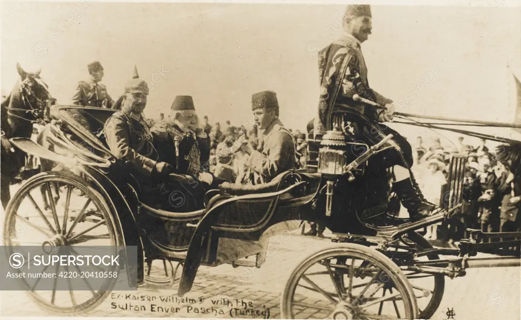 Sultan Mehmed V Reshad of Turkey in a carriage with Kaiser Wilhelm II of Germany and Minister for War, Enver Pasha. Sultan Mehmed V Reshad of Turkey (1844 - 1918). Sultan of the Ottoman Empire from 1909 until his death in 1918, Mehmed - original name Mehmed Resad - spent much of his life in seclusion until the forced abdication of his brother Sultan Abdul Hamid II at the hands of the Young Turks in 1909. A kindly gentle man with an interest in Persian literature, Mehmed was effectively little mo