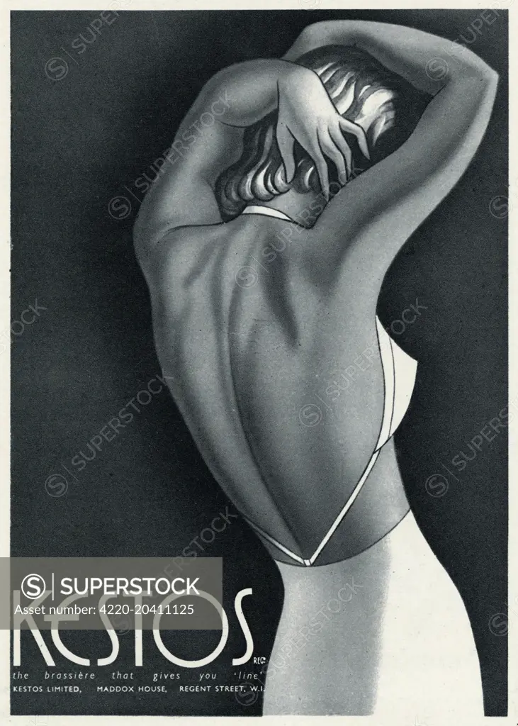 Advertisement for womens backless brassiere.     Date: 1940